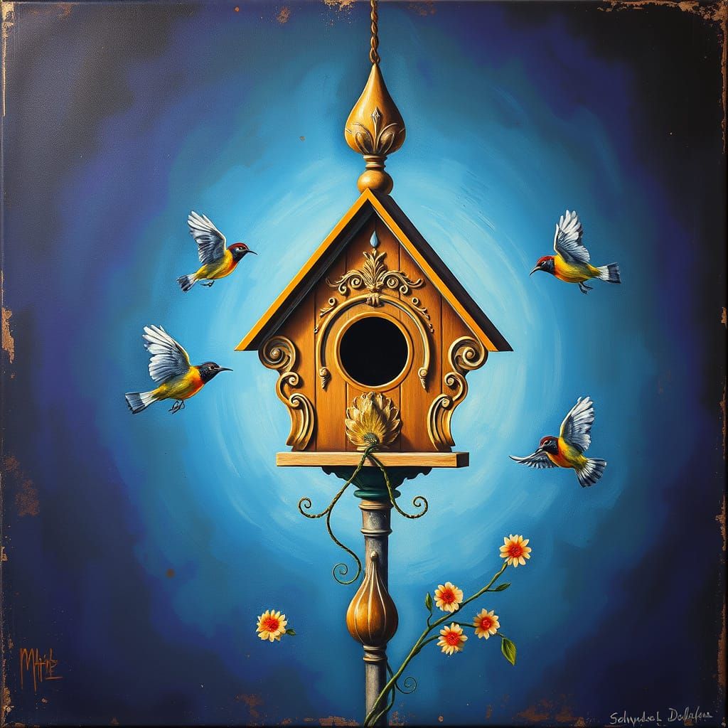 Surreal Fleur-de-Lis Birdhouse with Indigo Buntings