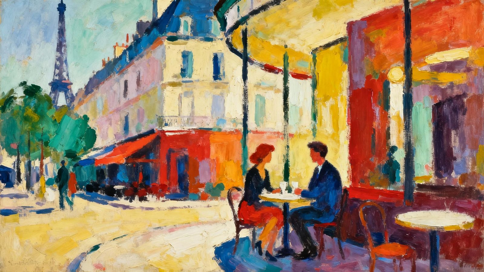 Paris Cafe Couple Abstract Oil Painting