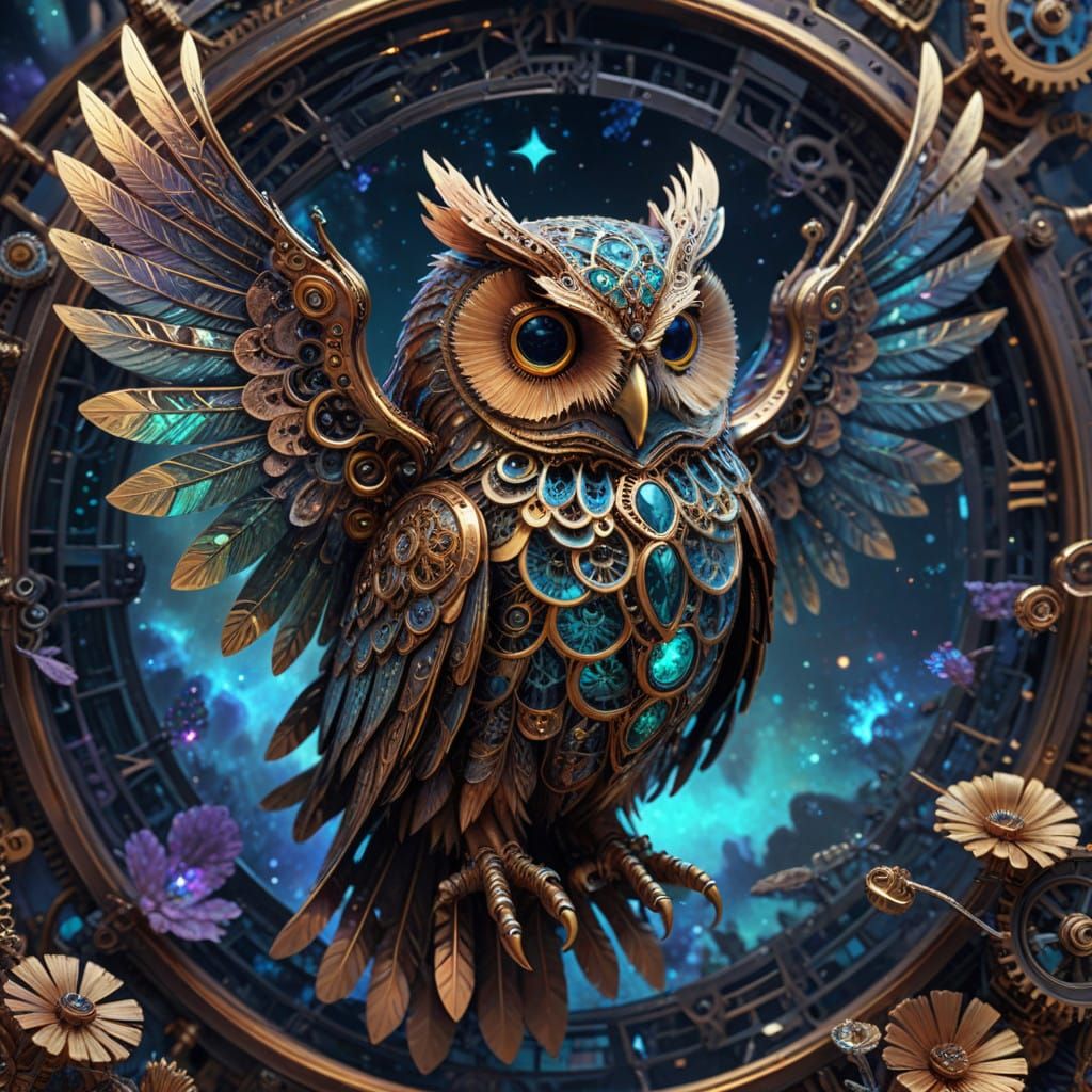 Ethereal Steampunk Owl in Cosmic Dreamscape