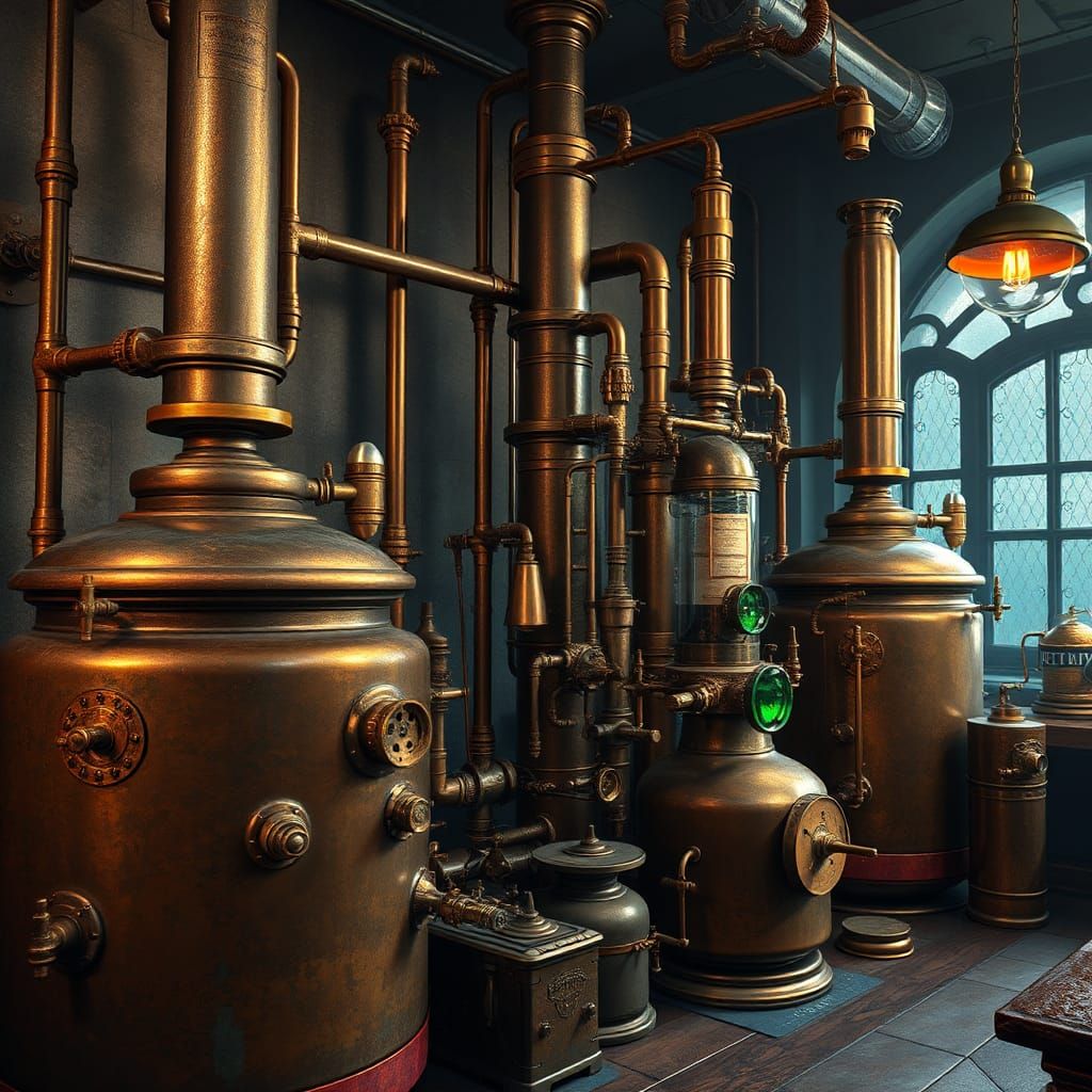 Steampunk Brewing Equipment in an Ancient Laboratory
