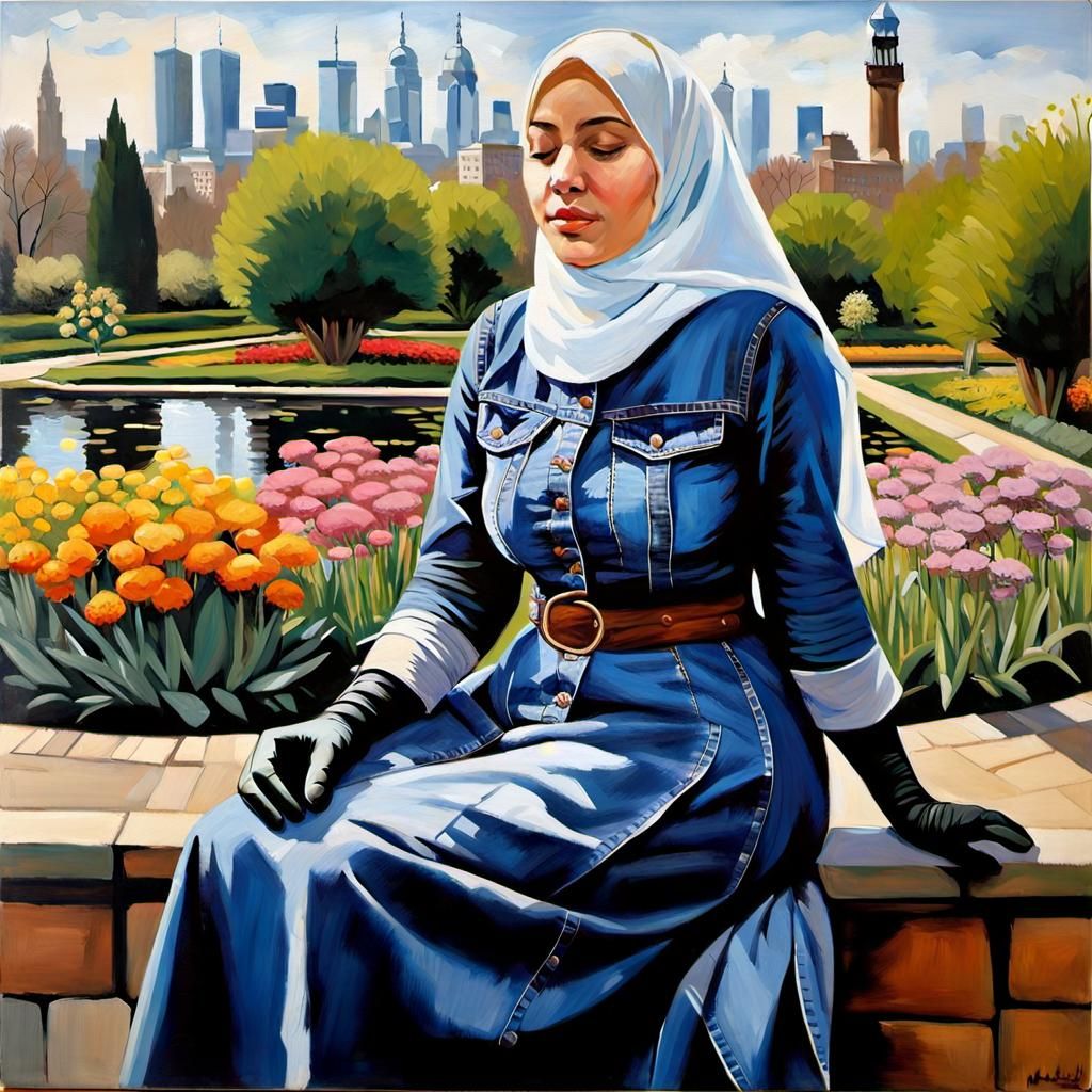 Two Hijabi Women in Botanic Garden, Acrylic Painting