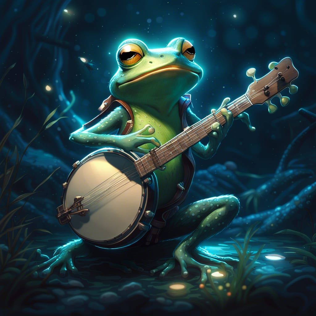 Bioluminescent Frog Plays Banjo in Anime Style
