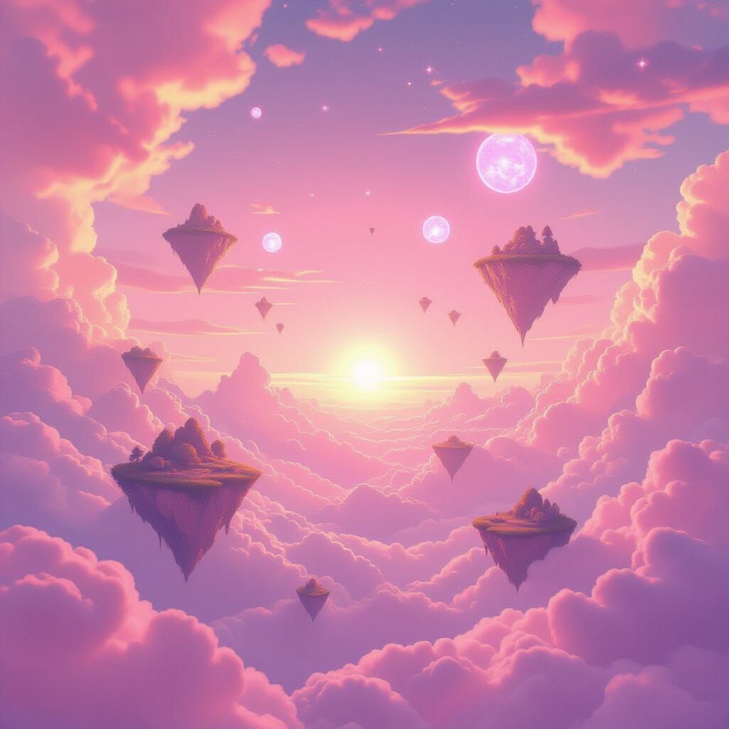 Surreal Pink Sky with Floating Islands and Clouds