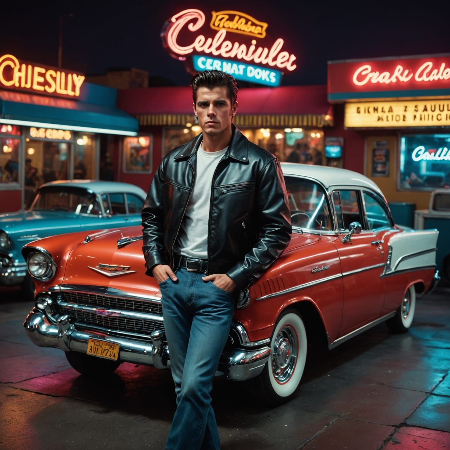 Greaser Leaning on 1957 Chevy in 1950s Diner