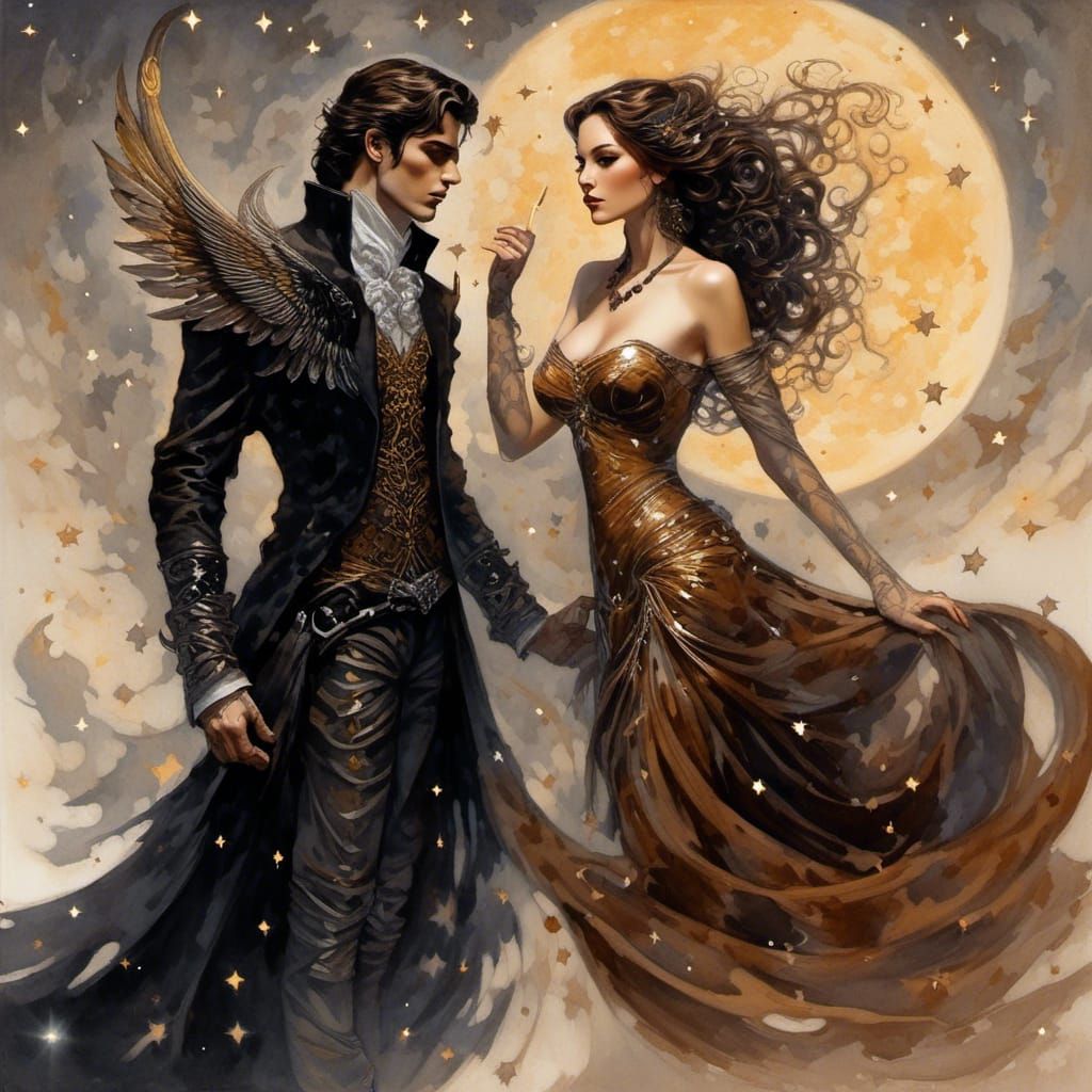 Fae Woman and Dark Lord Couple in Impressionistic Style