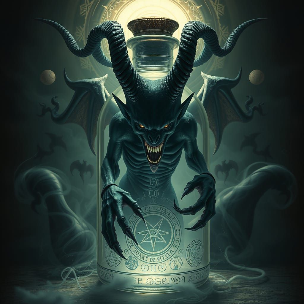 Dark Demon Imprisoned in Ornate Glass Bottle