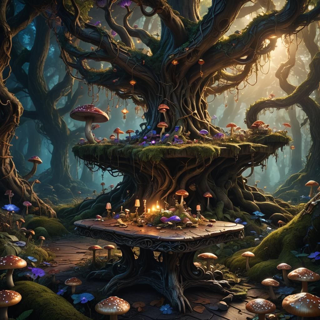 Mystical Forest Table with Glowing Mushrooms