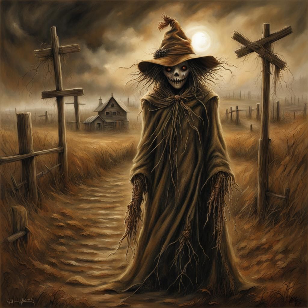 Ominous Scarecrow Masterpiece in Black and White Watercolor