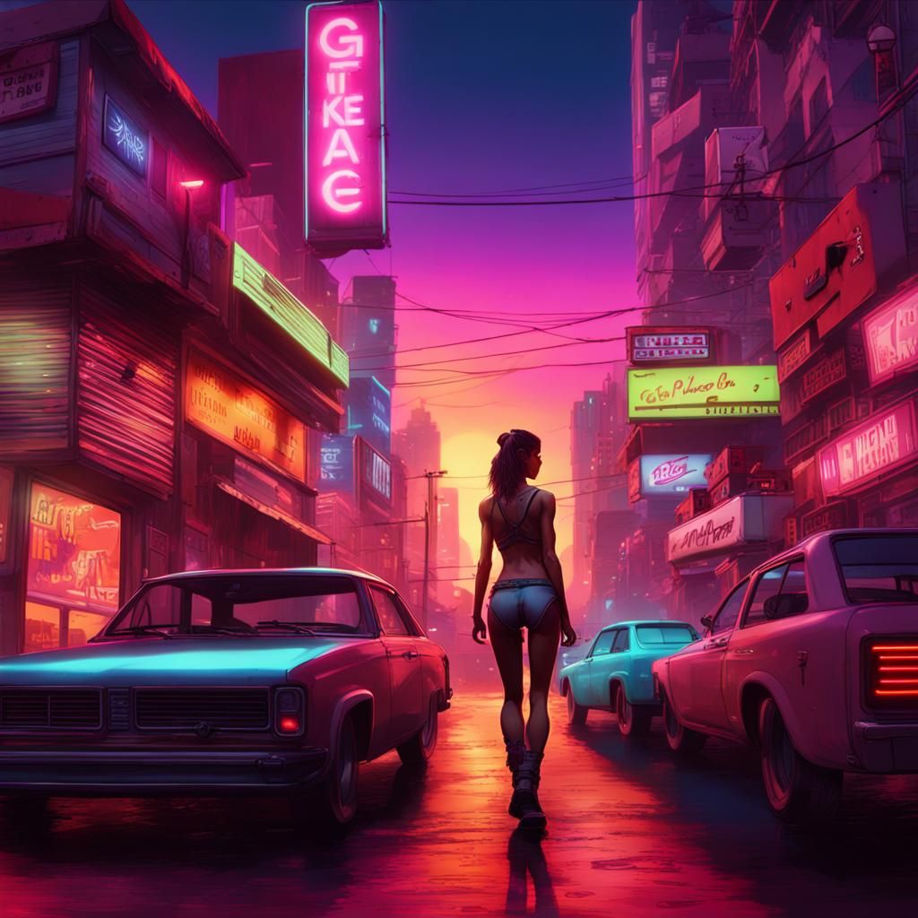 Cyberpunk Girl in Vice City Style Sunset