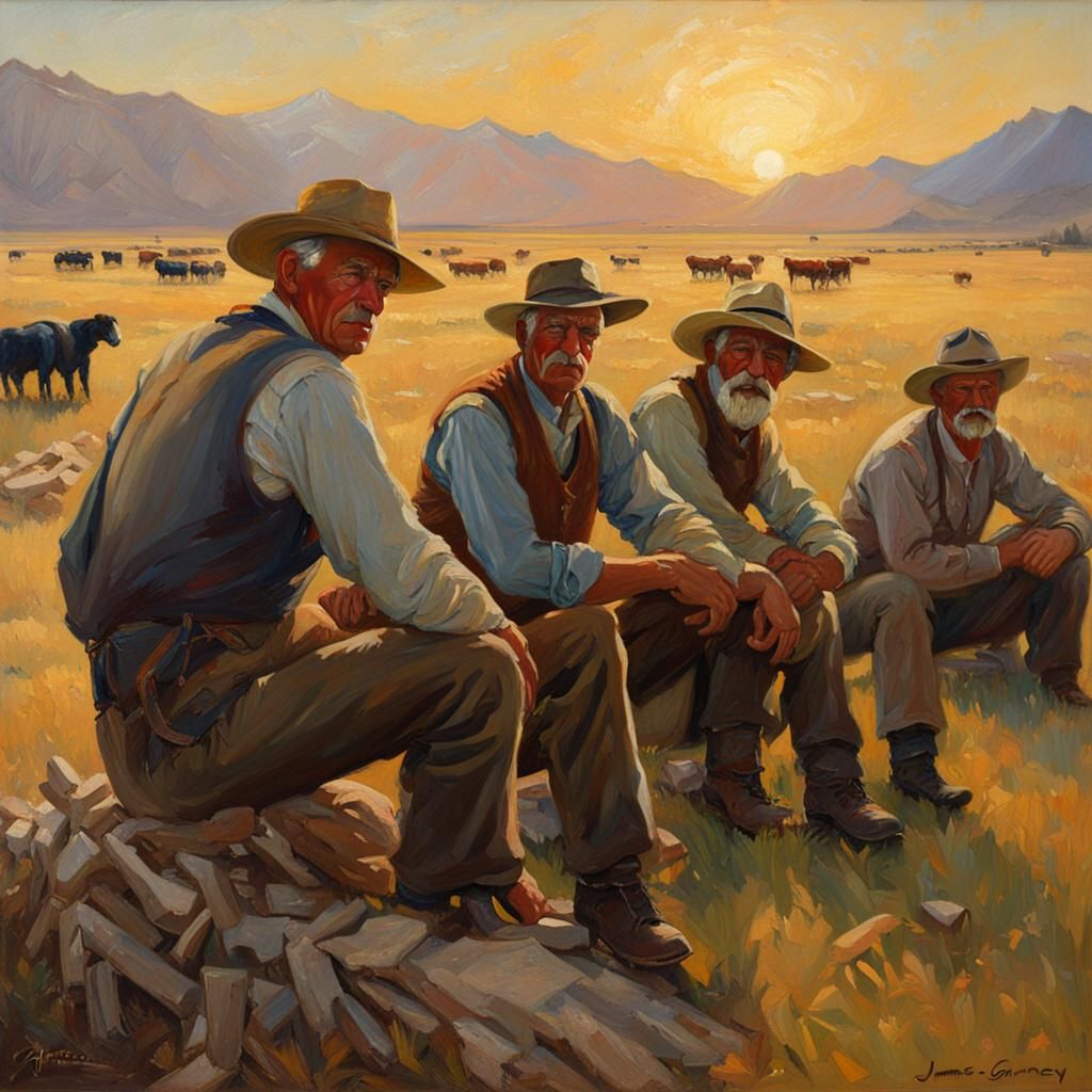 Montana Farmers Resting at Sunset: Gurney-esque Oil Painting