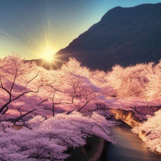 Cherry Blossom Valley Bathed in Golden Sunlight
