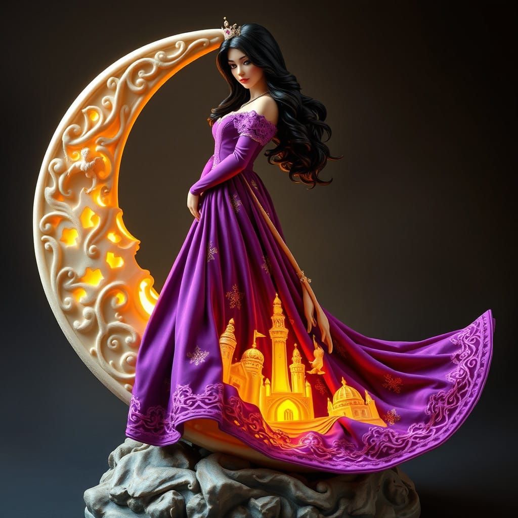 Regal Princess on Crescent Moon in Whimsical Velvet Gown