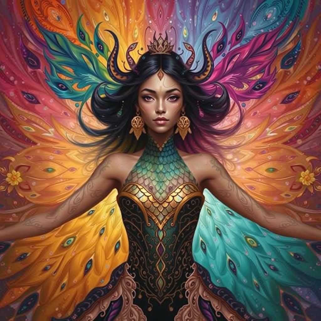 Dragon Peacock Woman in Abstract Expressionist Style