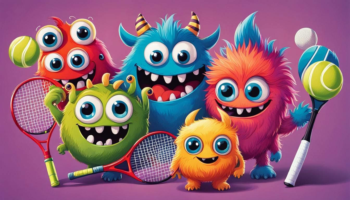 Adorable Monsters Play Tennis in Ink Poster Style