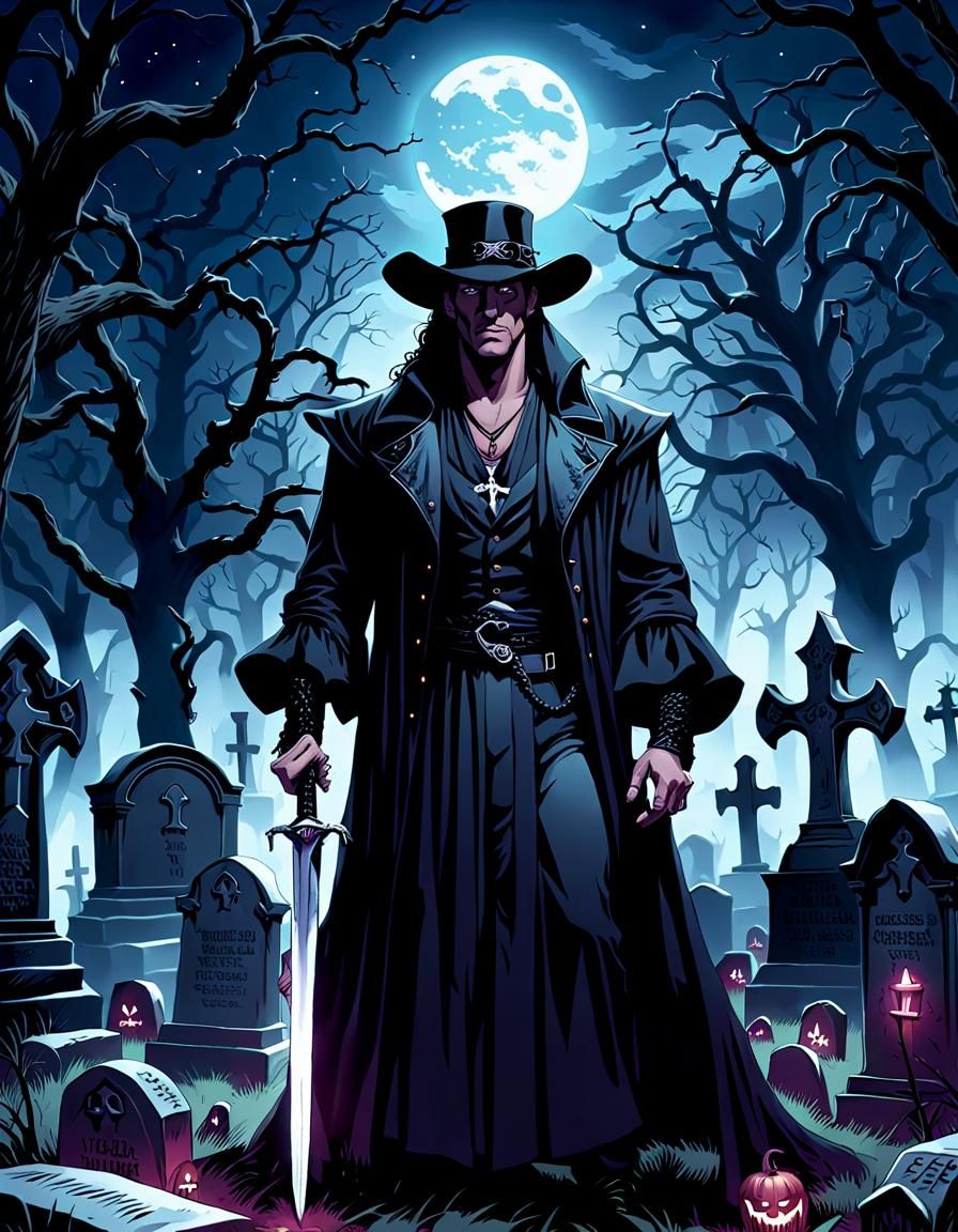 Macabre Undertaker in Moonlit Graveyard