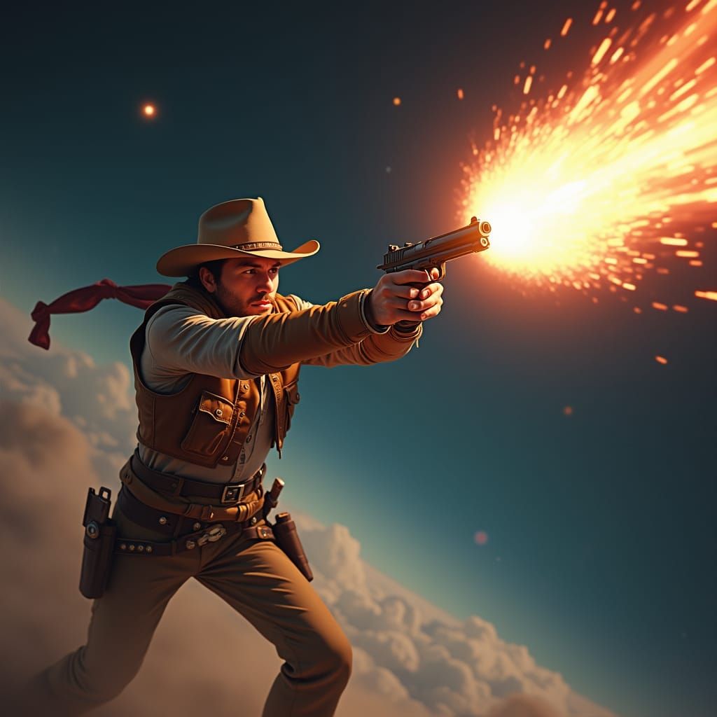 Space Cowboy Blasts Missile in Digital Art