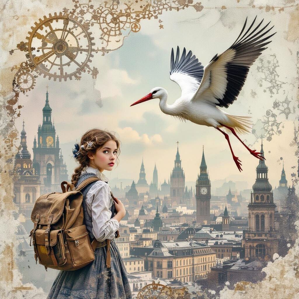 Steampunk Knapsack Races Stork in Multi-Layered Collage