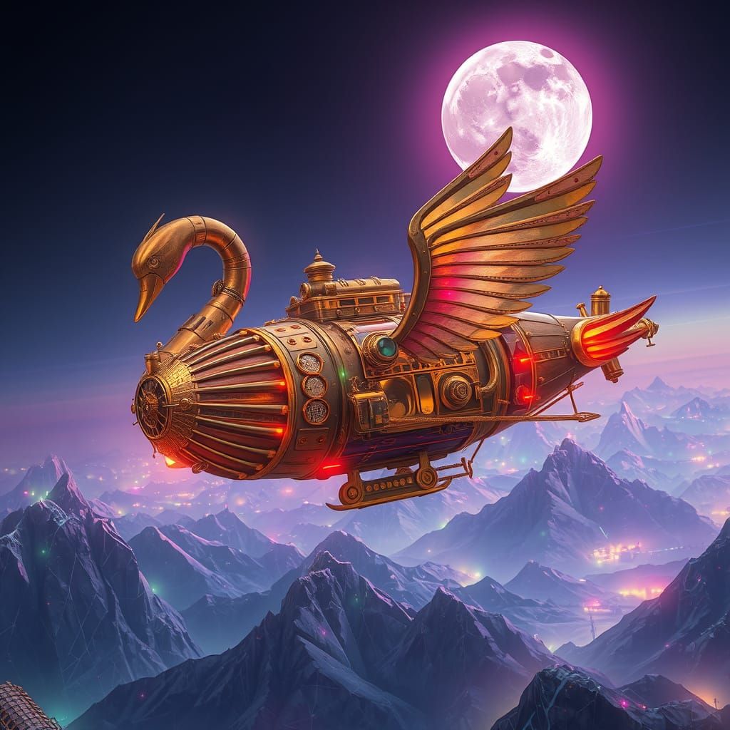 Steampunk Swan Airship Soars Over Neon Mountains