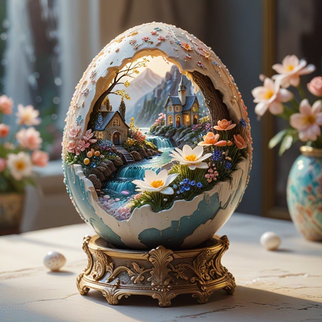 Elegant Porcelain Village in a Shattered Eggshell Masterpiec...