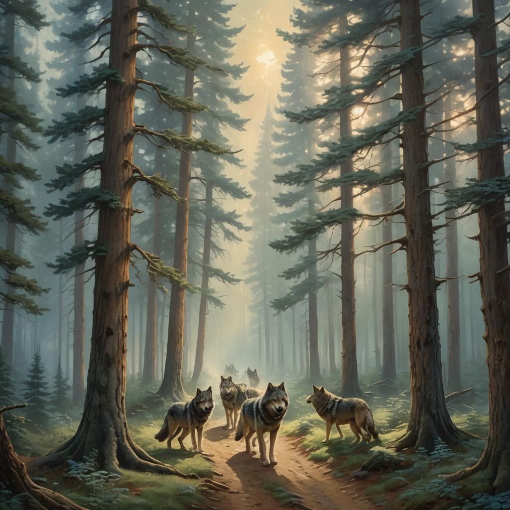 Wolves Howling in Misty Forest Landscape, Kinkade Style