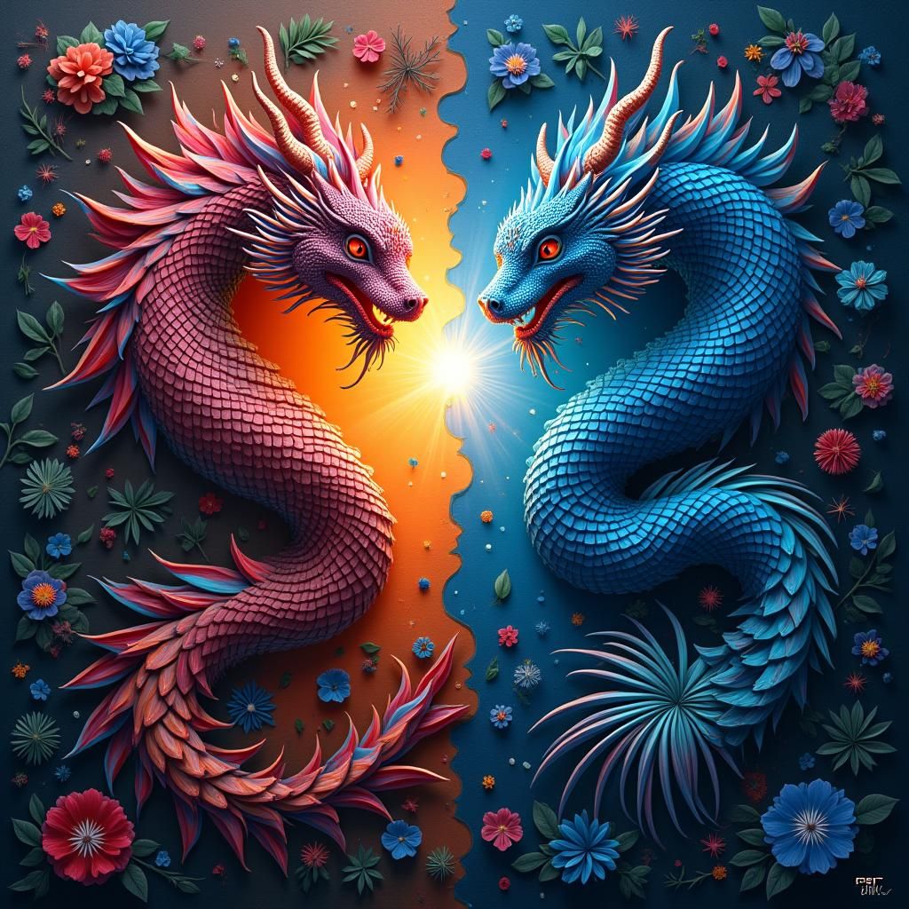 Colorful Scales Symbolizing Duality in Fantasy Art