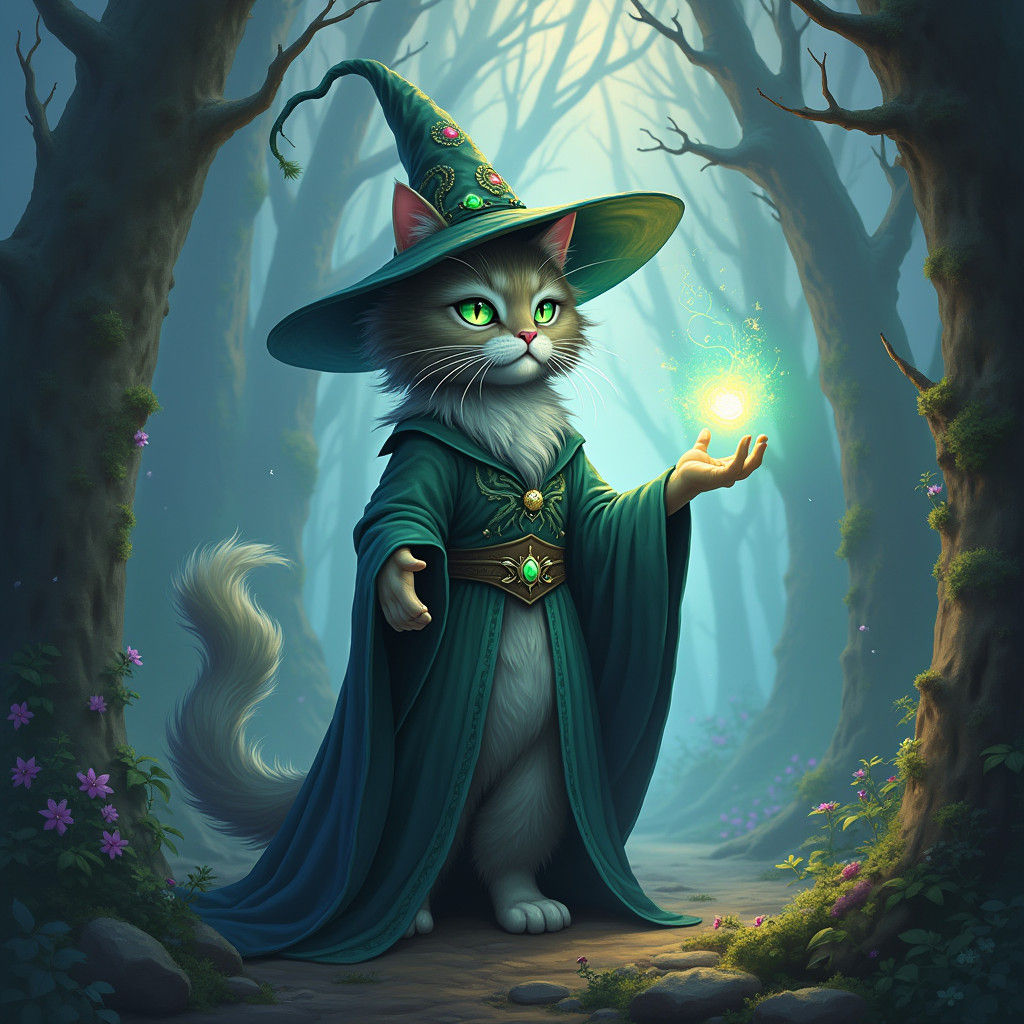 Anthropomorphic Cat Wizard in Mystic Forest