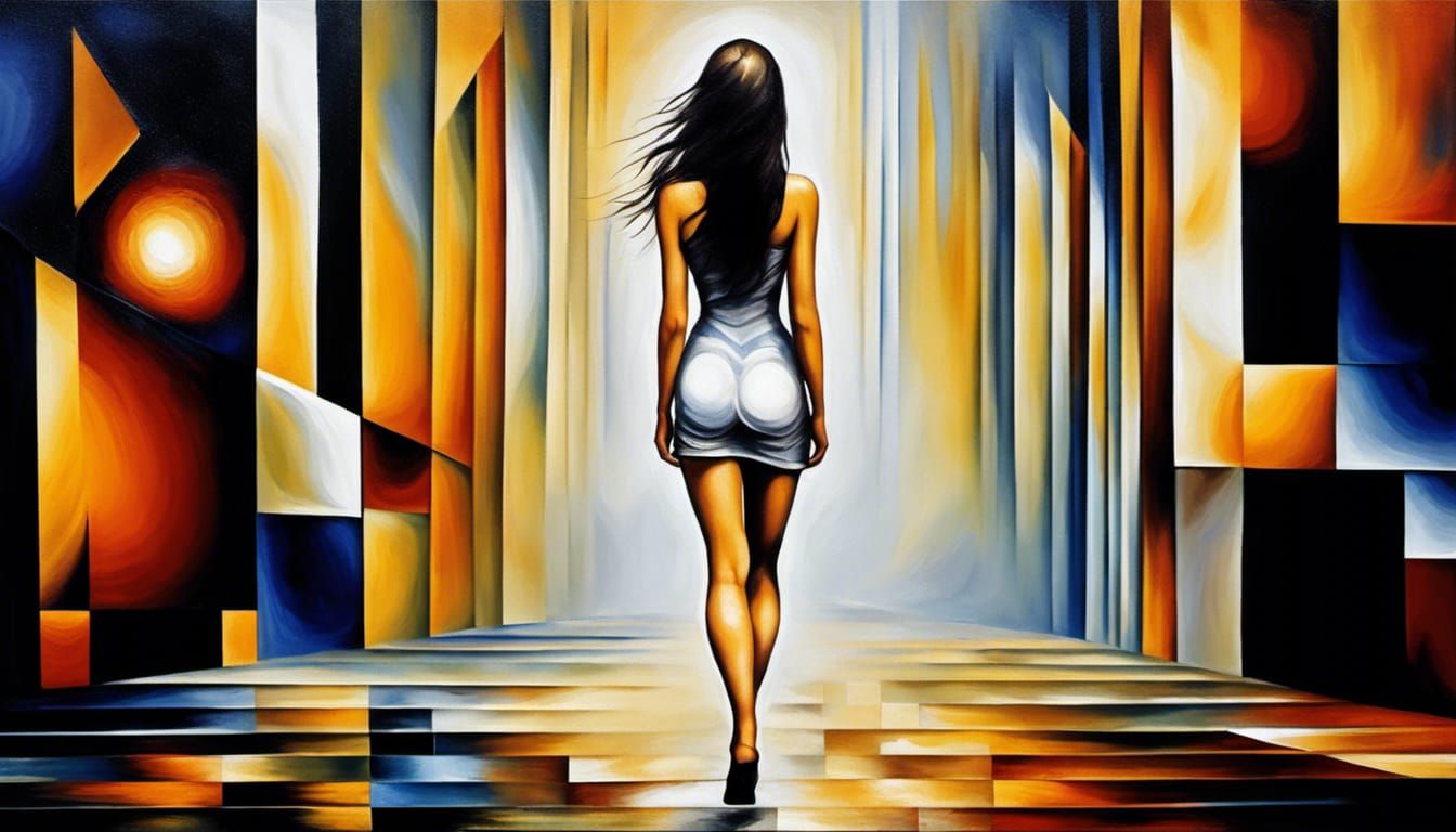 Brunette Woman's Anticipation in Geometric Photorealism
