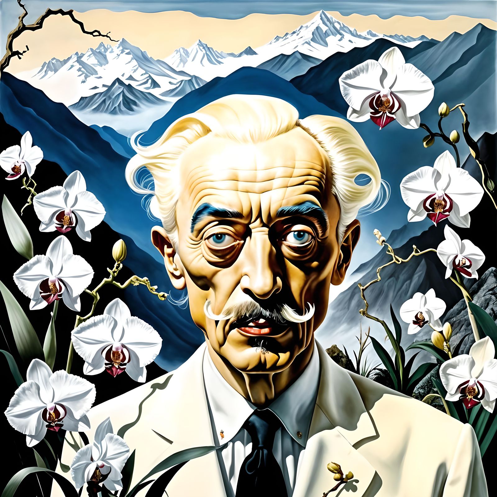 Surreal Self-Portrait with Mountains and Orchids