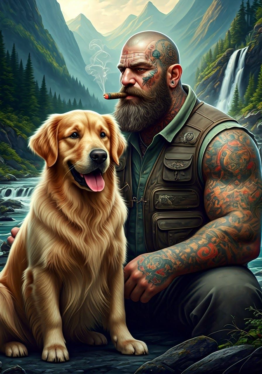 Man and Golden Retriever in Hyperrealistic Landscape