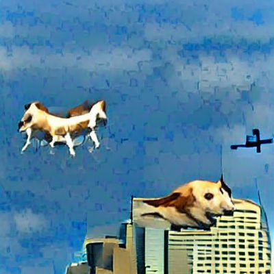 Dog Flying Above Cityscape