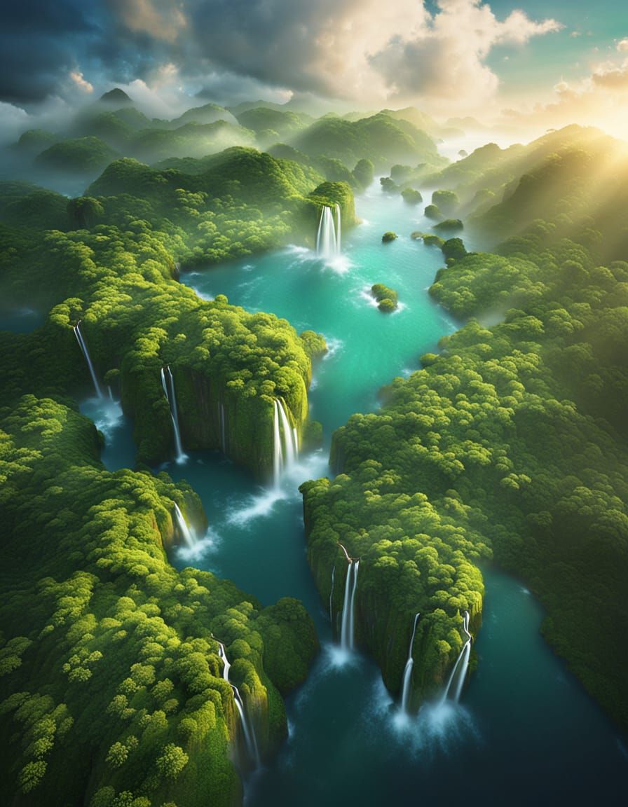 Floating Islands with Waterfalls at Sunset