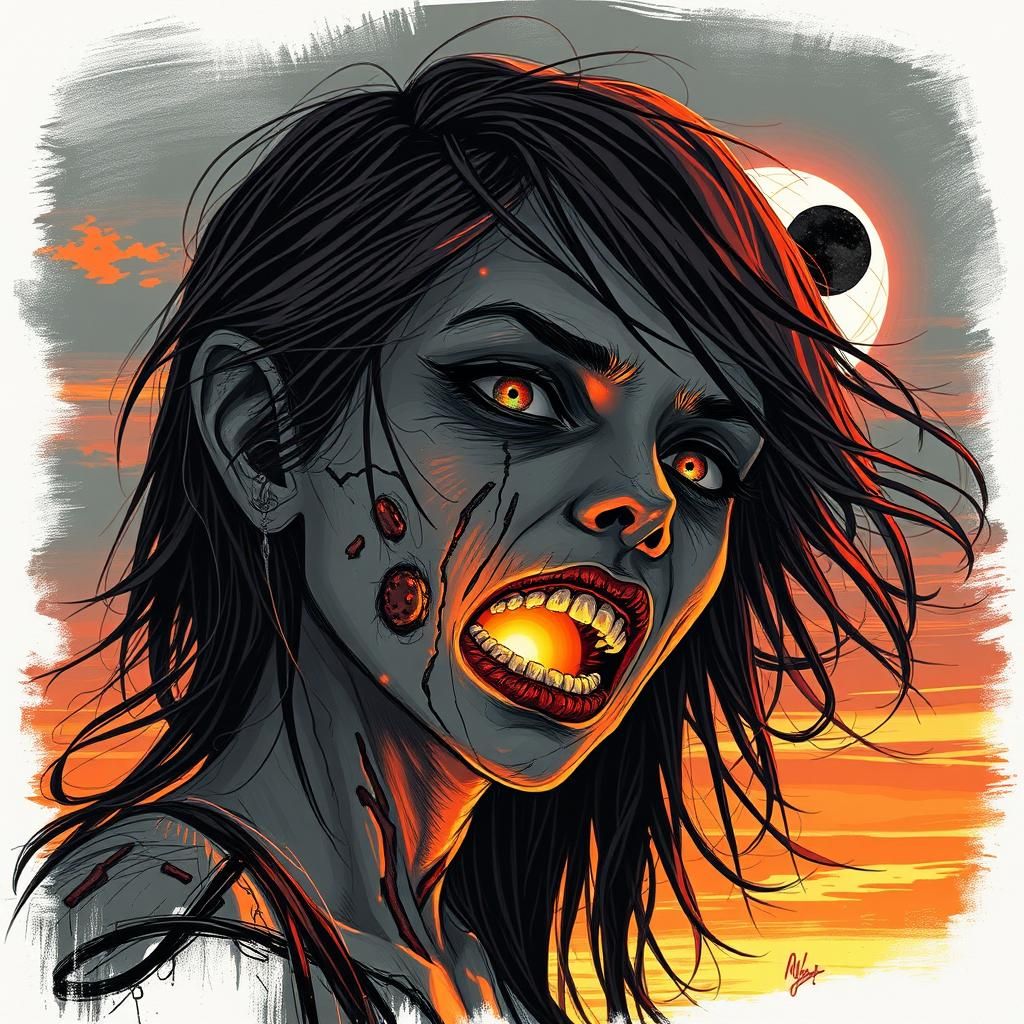 Her sound is falling out of her face, zombie girl, scorched…
