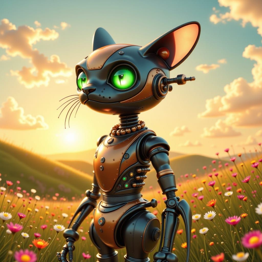 Steampunk Robot in Rolling Hills, Miyazaki Style