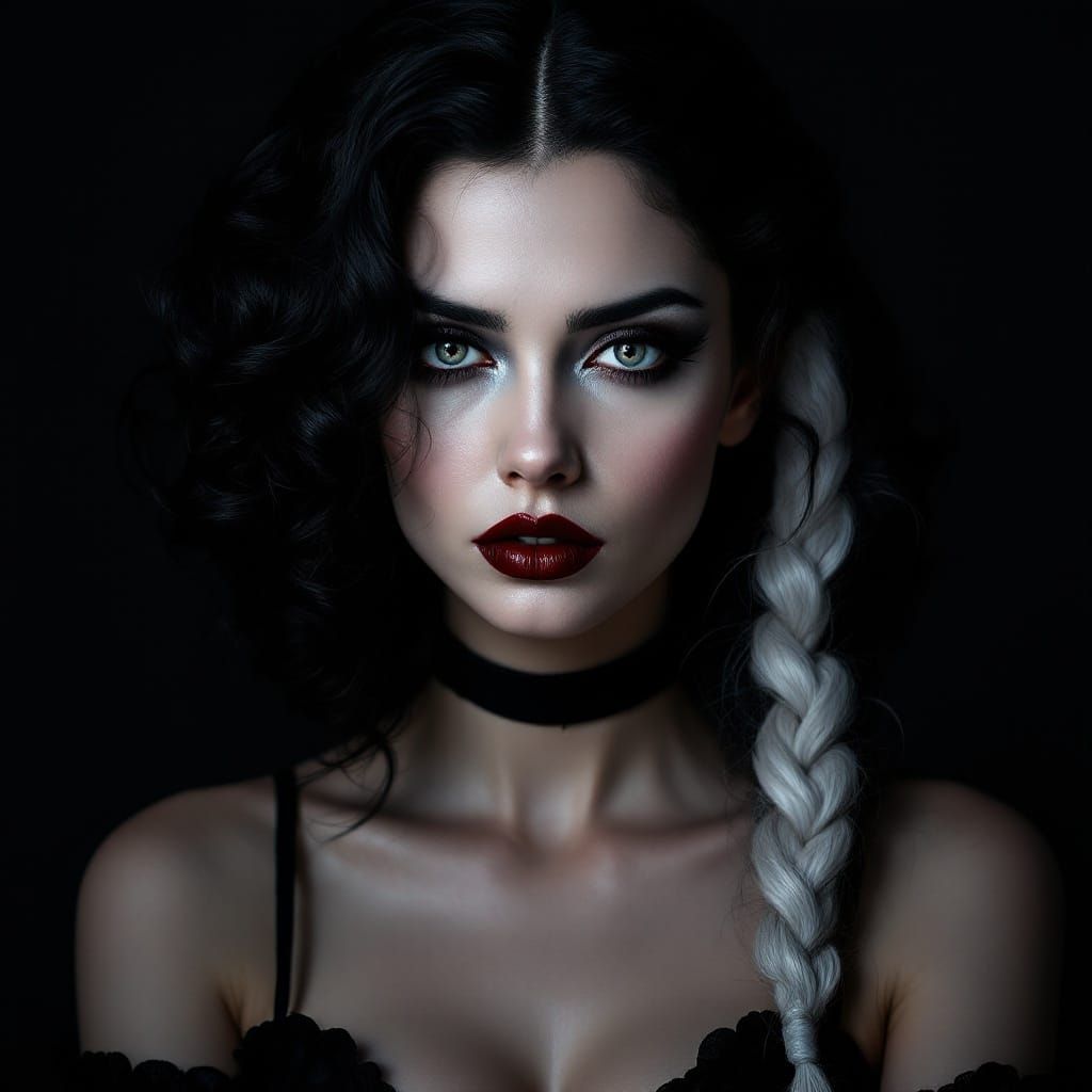 Gothic Portrait of a Woman with Dramatic Makeup and Hair
