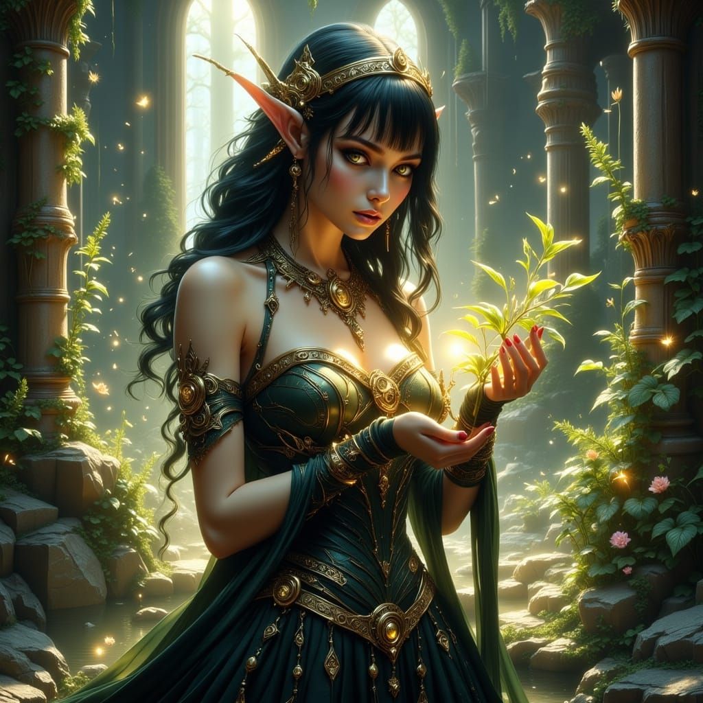Elven Woman with Clockwork Prosthetics in Ruined Garden