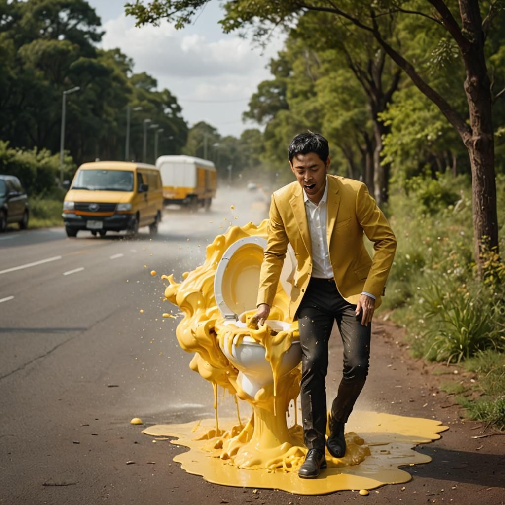 Giant Toilet Splashing Yellow Fluid
