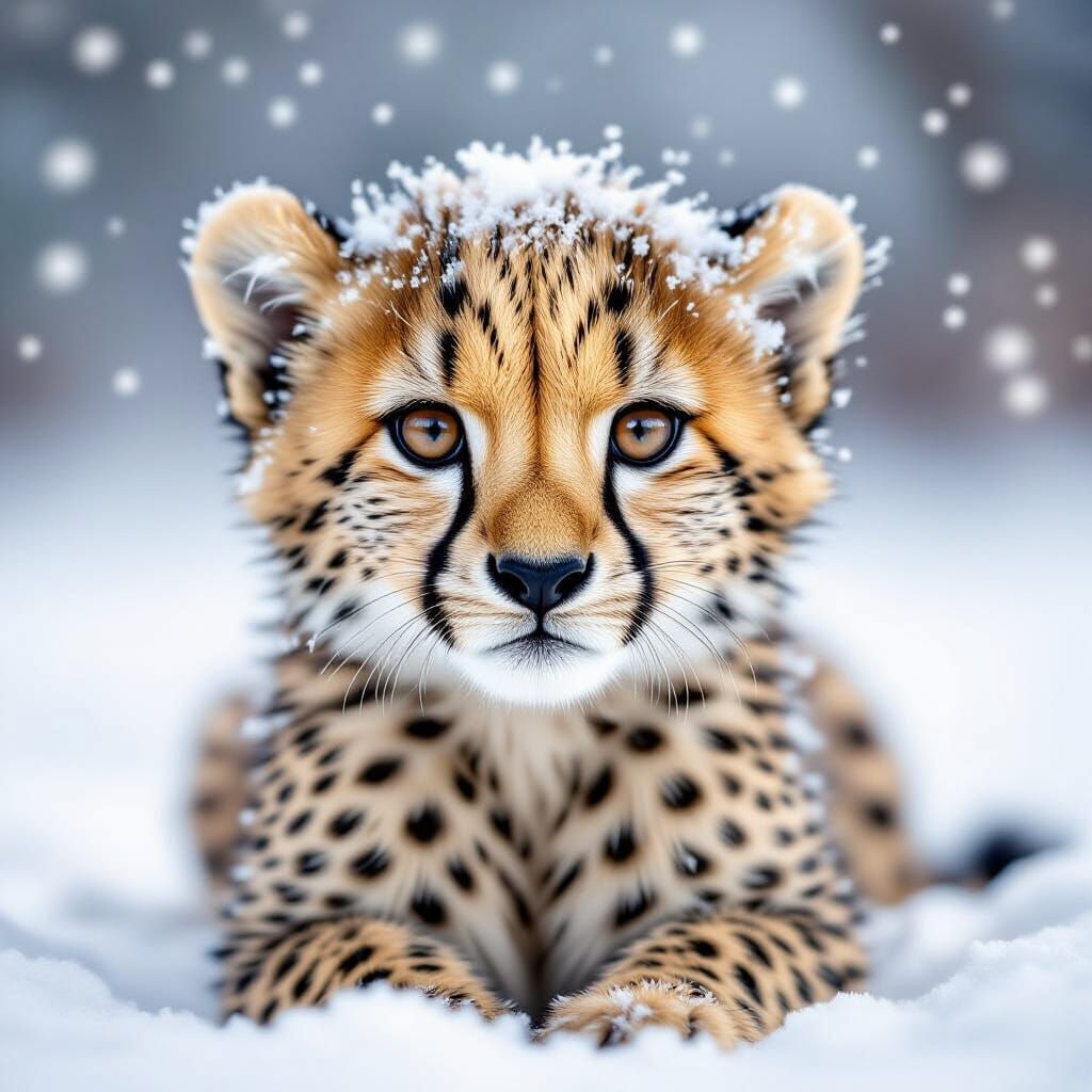 Baby Cheetah Portrait in Snowy Landscape
