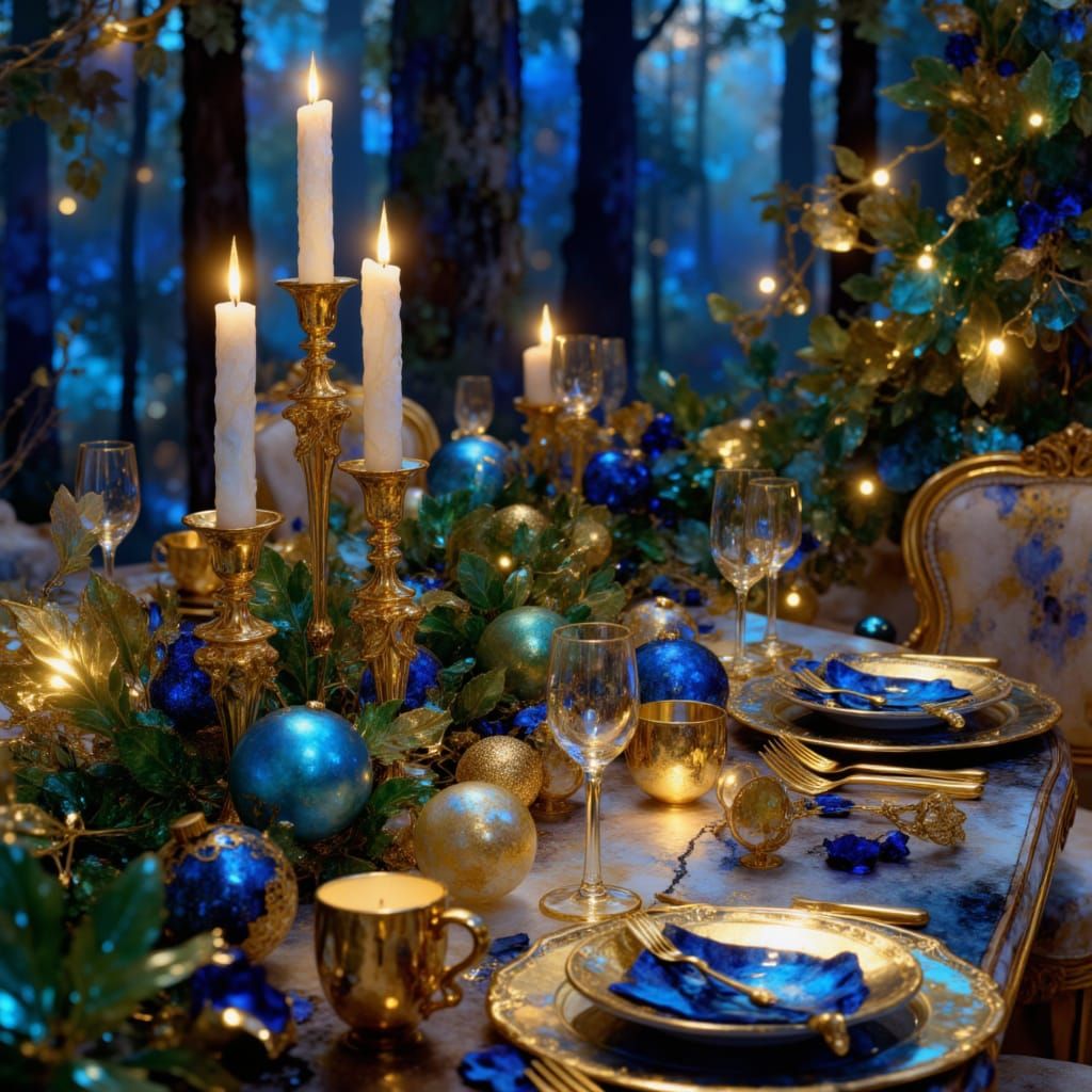 Elegant Blue and Gold Christmas Table Setting