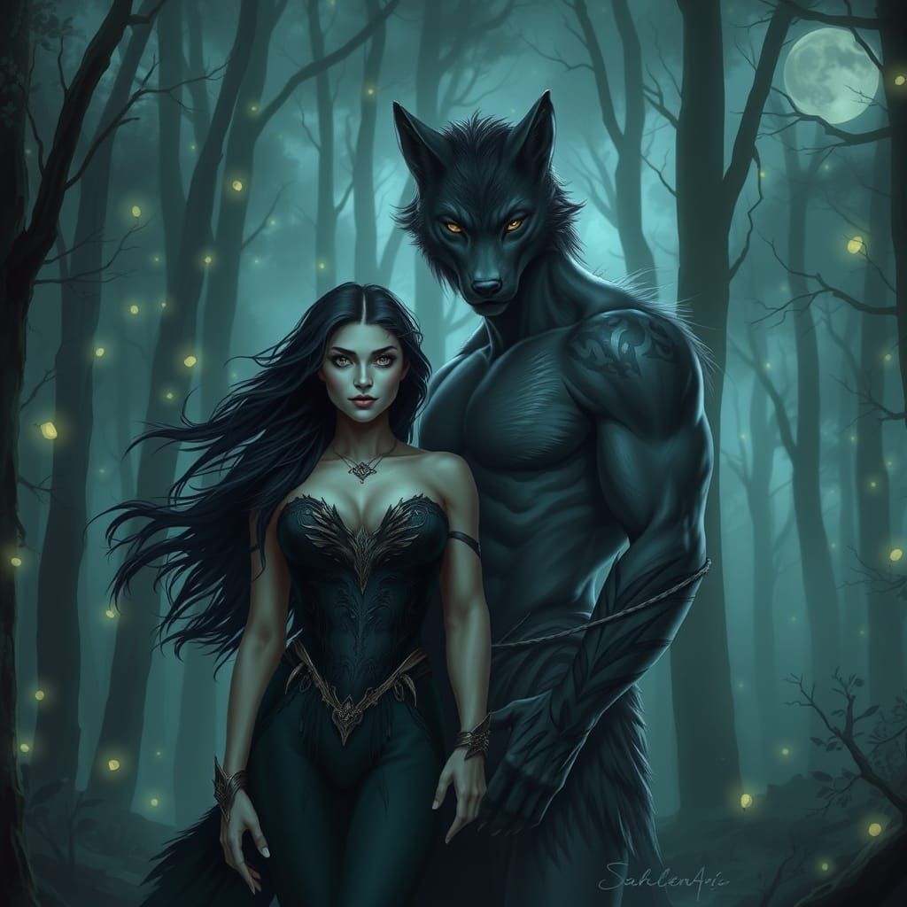 Wolf Woman and Mate in Bioluminescent Forest