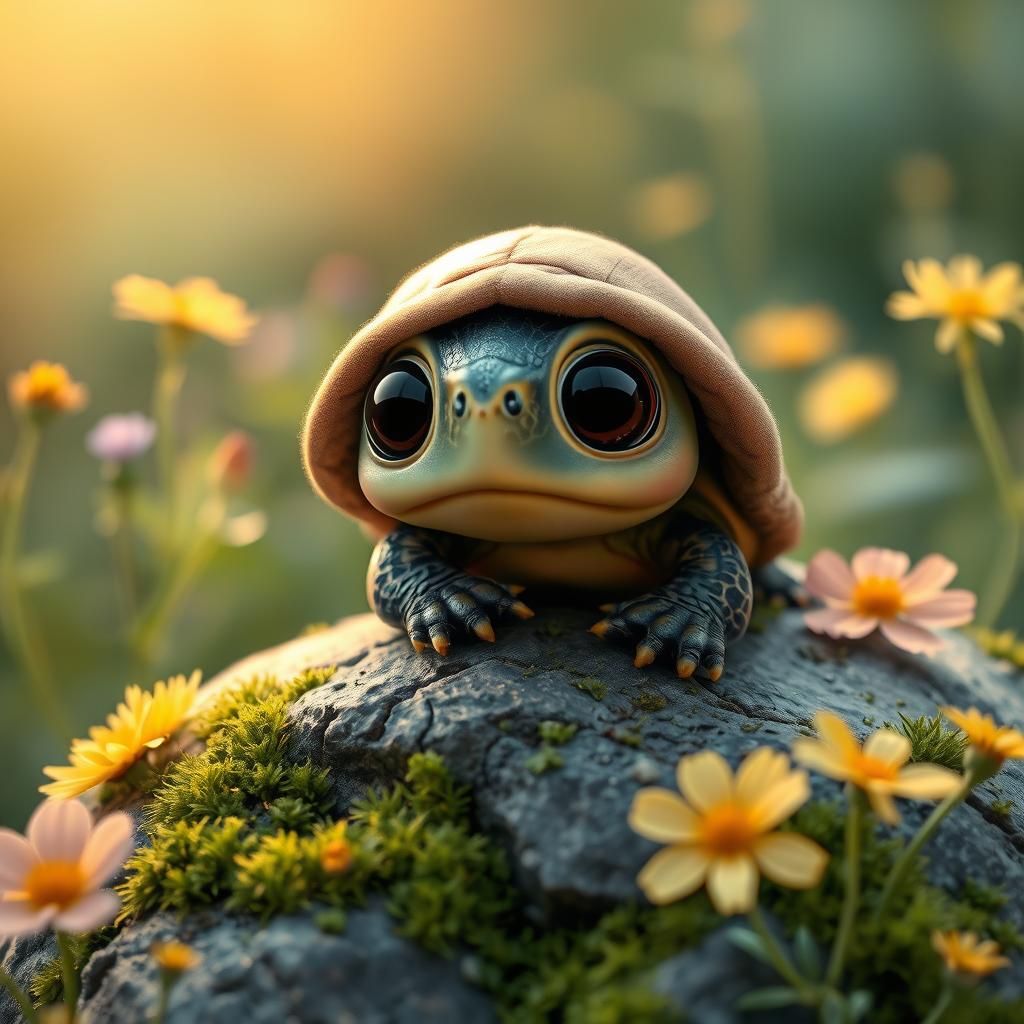 Adorable Turtle with Hoodie Waiting for Sunrise