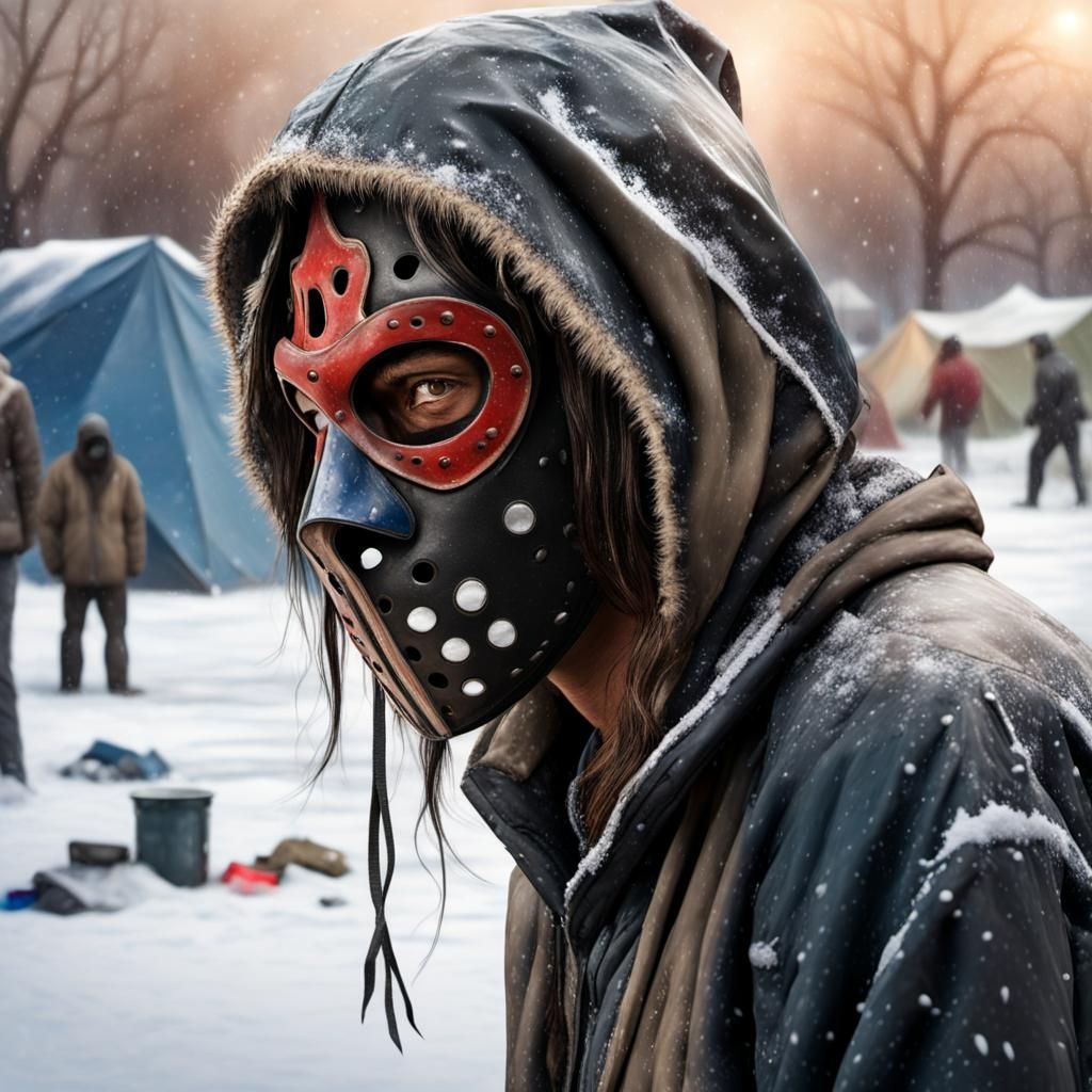 Masked Figure in Snowy Encampment: Photorealistic Digital Ar...