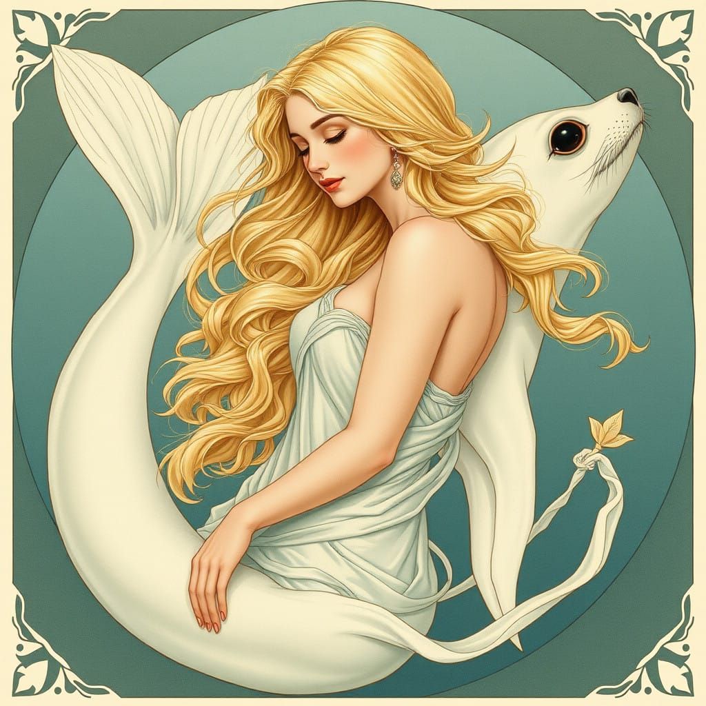 Ethereal Art Nouveau Portrait of a Blond Selkie