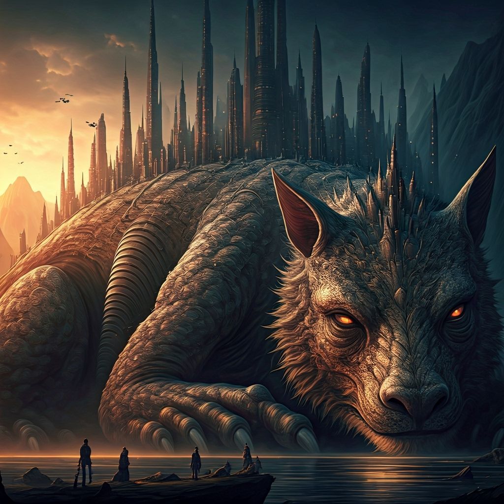 Colossal Beast City in Dark Fantasy Concept Art Style