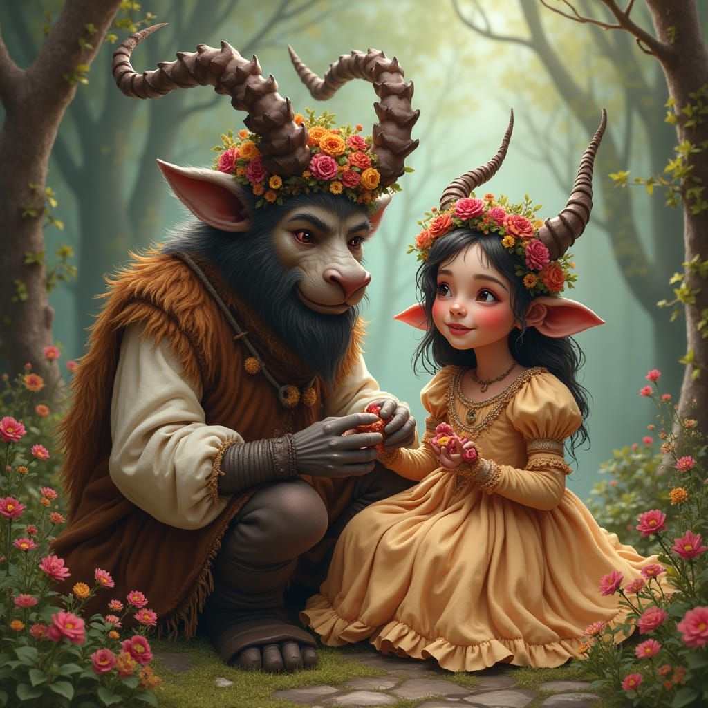 Krampus and Daughter in Whimsical Woodland Scene