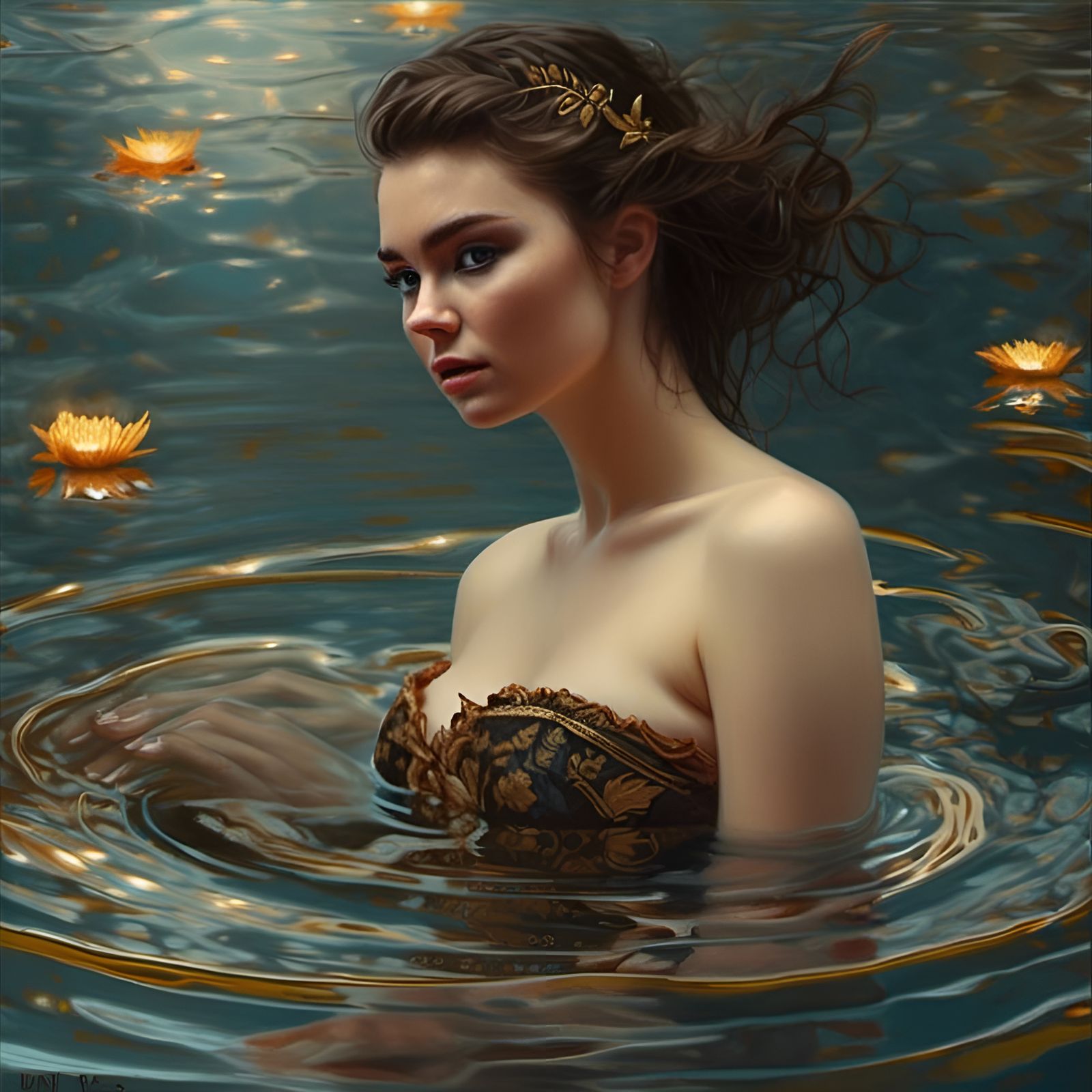Glistening Woman in Water: Hyperdetailed Portrait