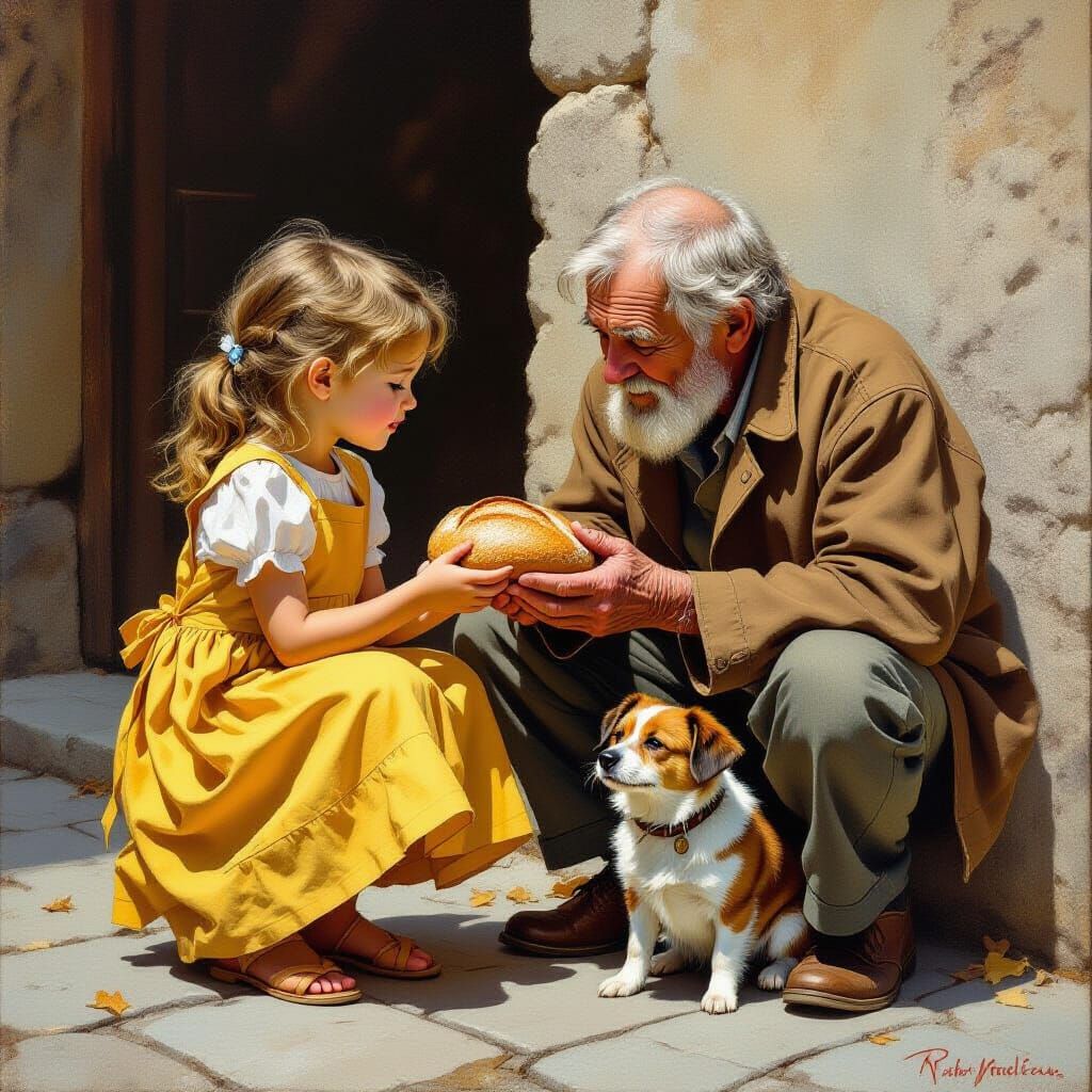Girl Shares Bread with Beggar and Dog in Airbrush Style