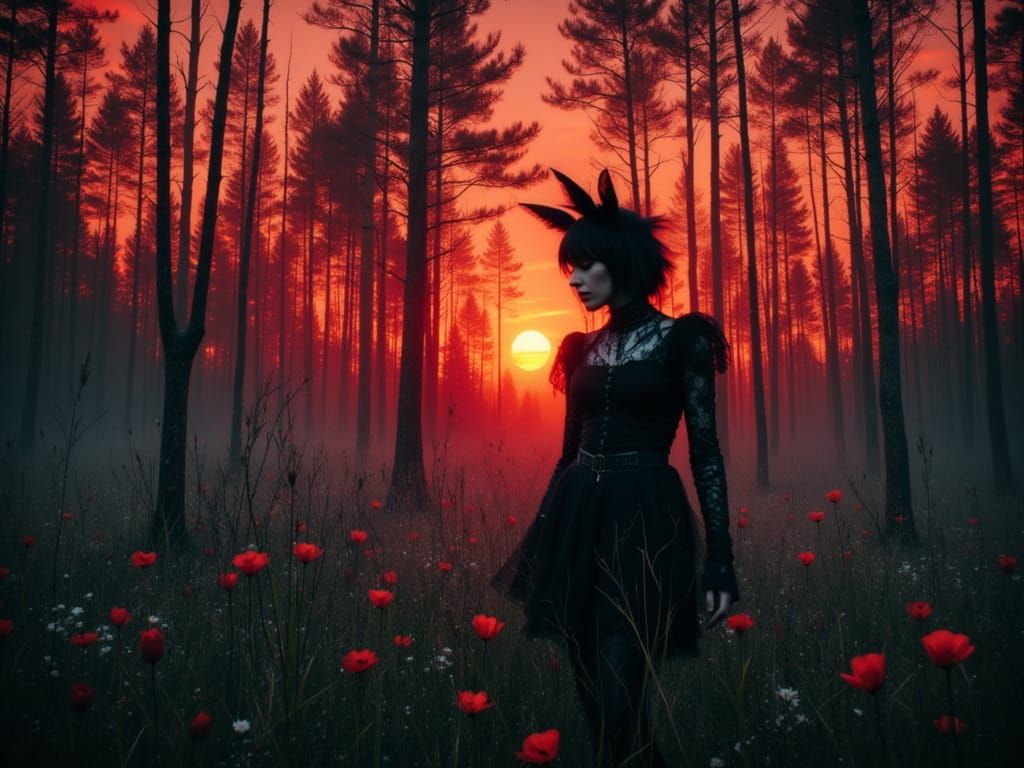 Gothic Woman in Forest at Sunset, Pop Art Style