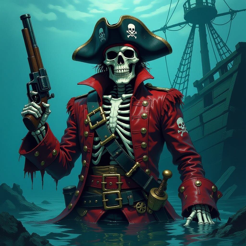Sinister Skeleton Pirate in Eerie Underwater Scene