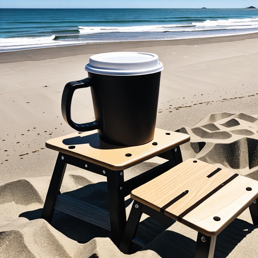 Coffee Cup and Step Stool on a Beach