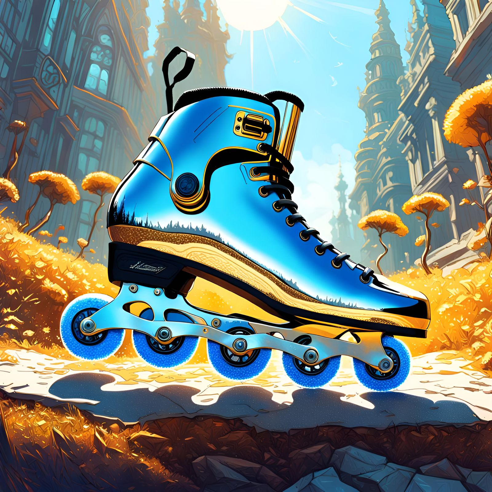 Crystallized Metallic Roller Blades in Surreal Style